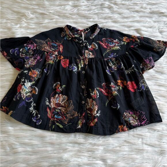 Free People Sweet Escape Cropped Cotton Blouse in Black Floral - XS - Picture 6 of 9